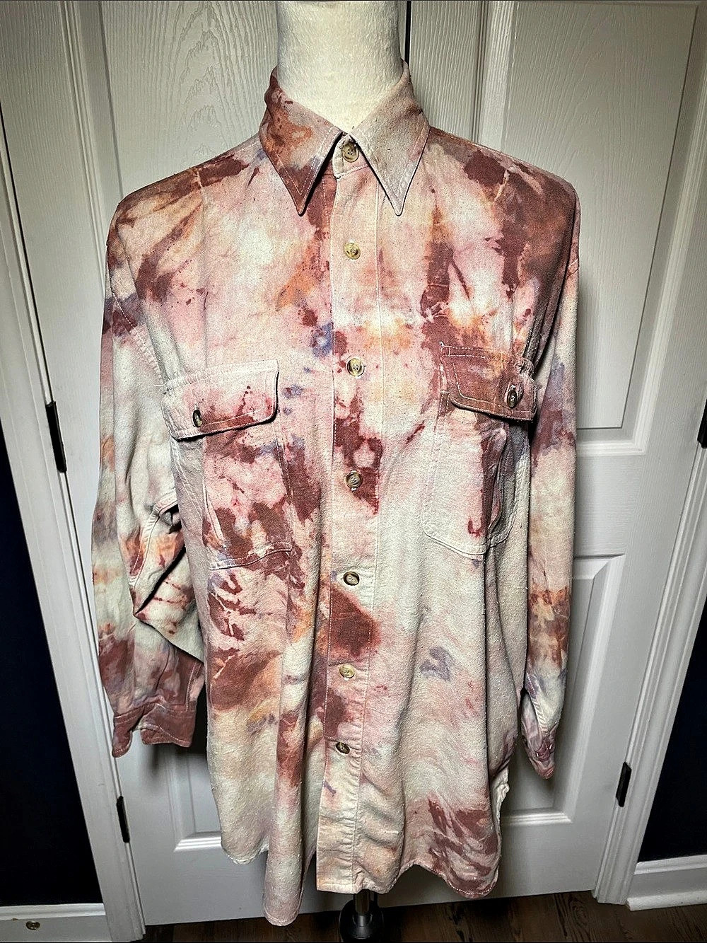 Vintage Rhino 100% Silk Upcycled Tie-Dye Button Down Collared Shirt Size Small